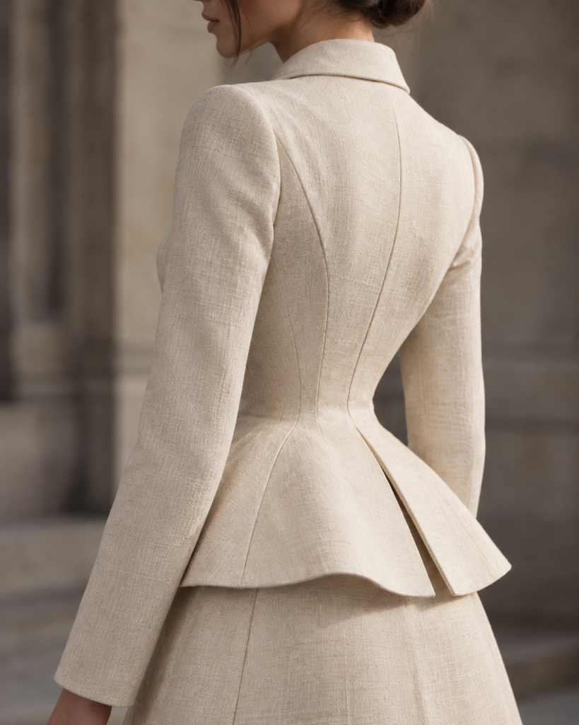 Frau mit schwarzem Hut in einer taillierten Couture-Jacke und einem voluminösen Rock in Creme, inspiriert vom New Look von Christian Dior.