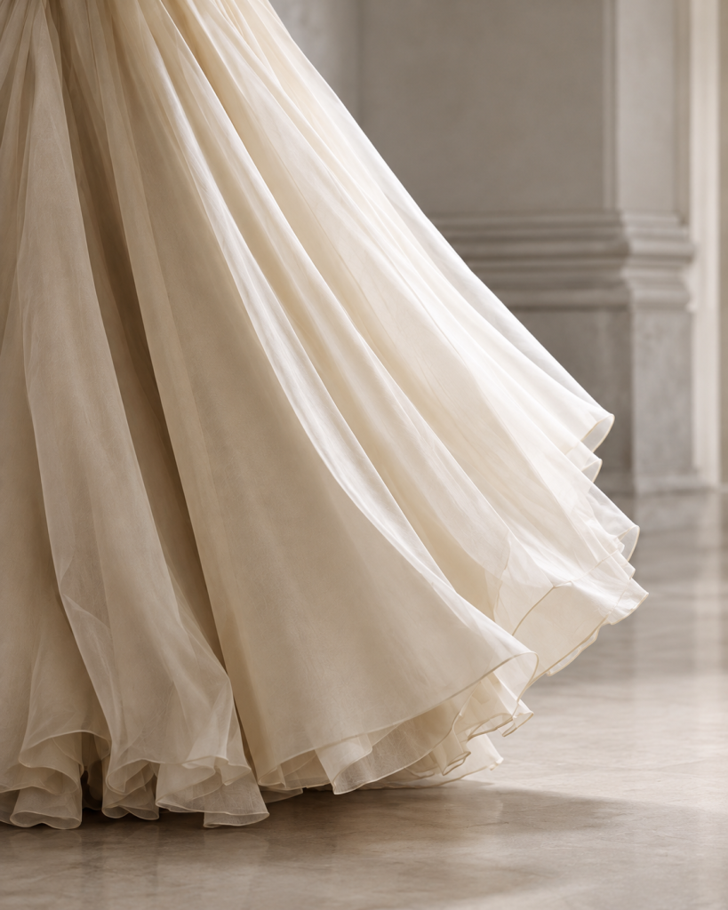 Detailaufnahme eines fließenden, elfenbeinfarbenen Couture-Rocks mit transparenten Stofflagen und weichen Falten.