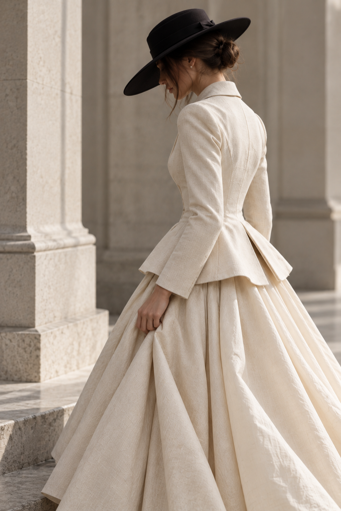 Frau mit schwarzem Hut in einer taillierten Couture-Jacke und einem voluminösen Rock in Creme, inspiriert vom New Look von Christian Dior.