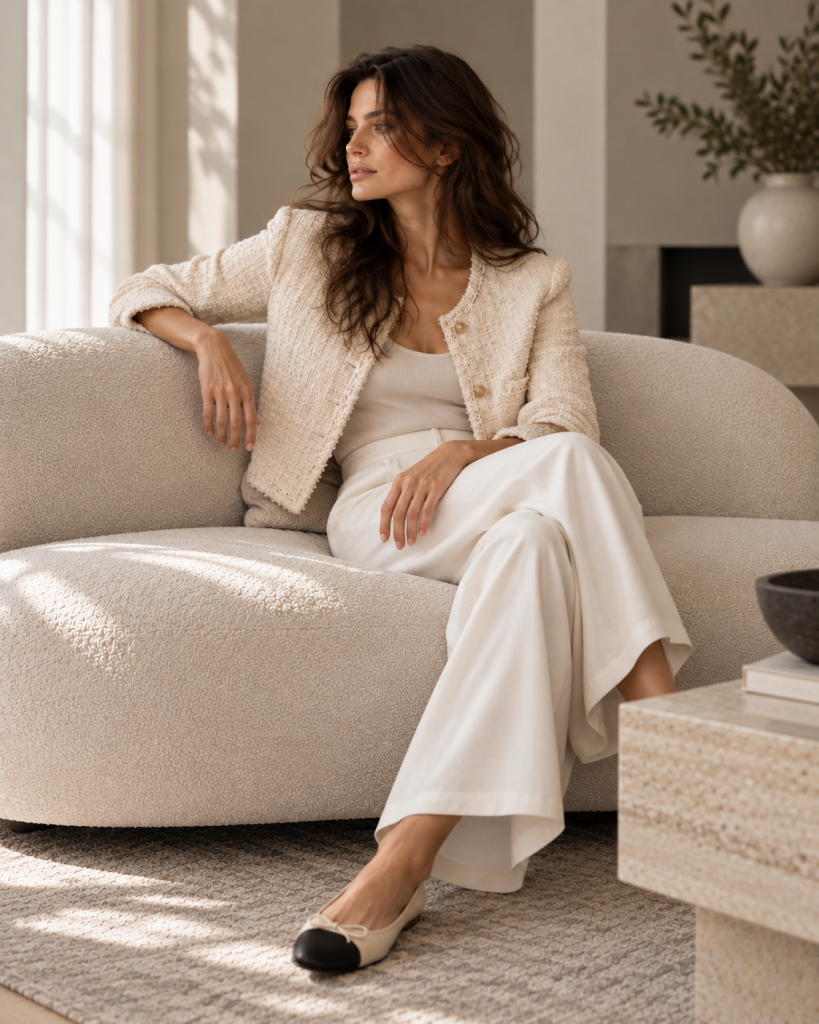 Frau in cremefarbener Bouclé-Jacke und weiter Stoffhose auf einem minimalistischen Sofa – moderne Eleganz im Stil von Coco Chanel.