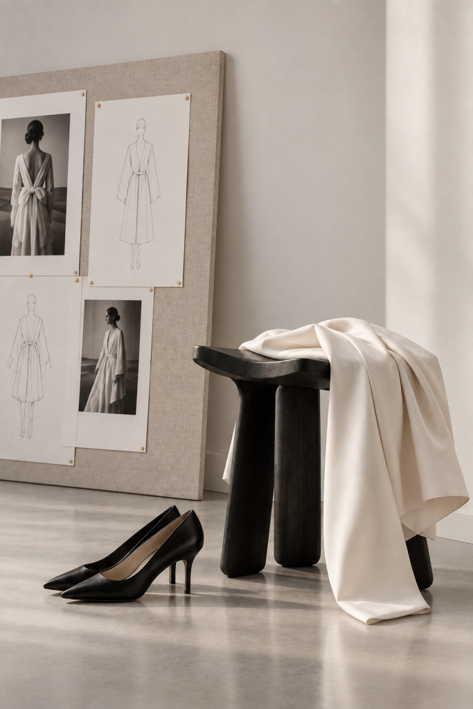 Schwarze Pumps neben hellem Stoff und Modeentwürfen in einem minimalistischen Atelier