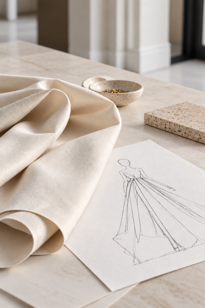 Couture-Modeskizze neben fließendem cremefarbenem Stoff auf einem hellen Arbeitstisch