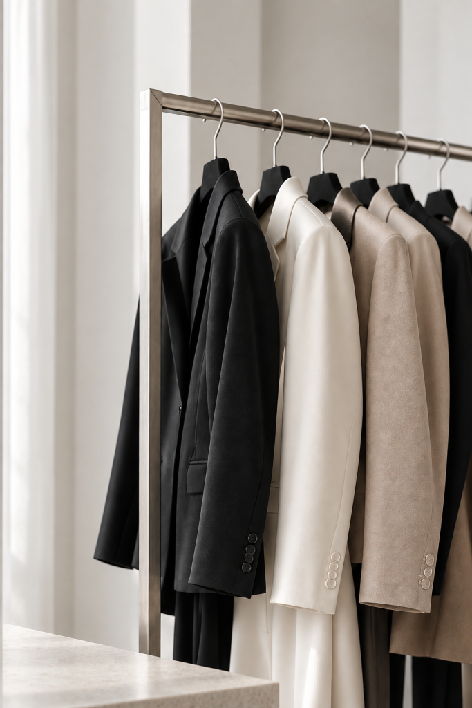 Moderne Kleidungsstücke in Schwarz, Creme und Beige auf einer minimalistischen Kleiderstange