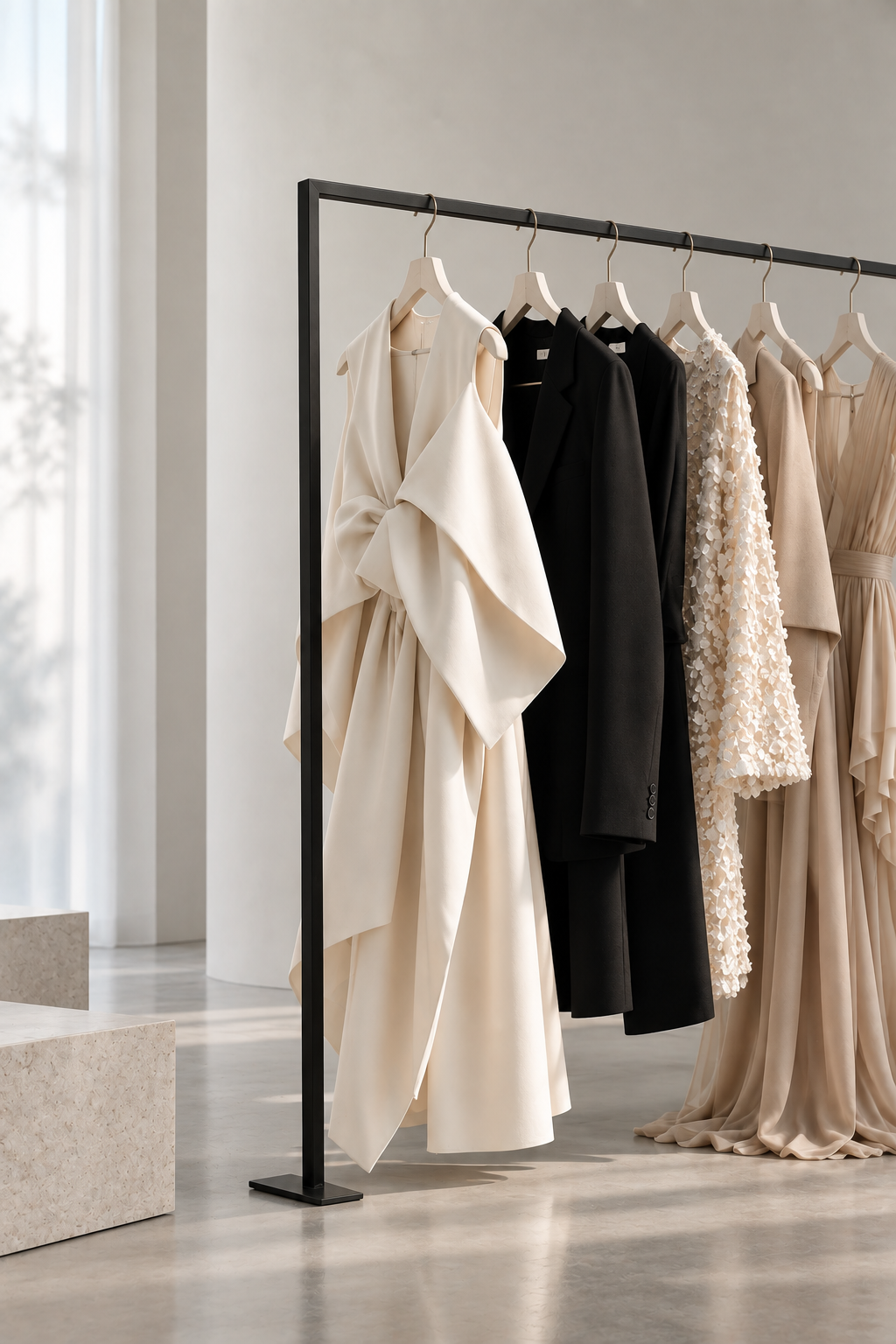 Elegante Couture-Kleidungsstücke in Schwarz, Creme und Beige auf einer schlichten Kleiderstange