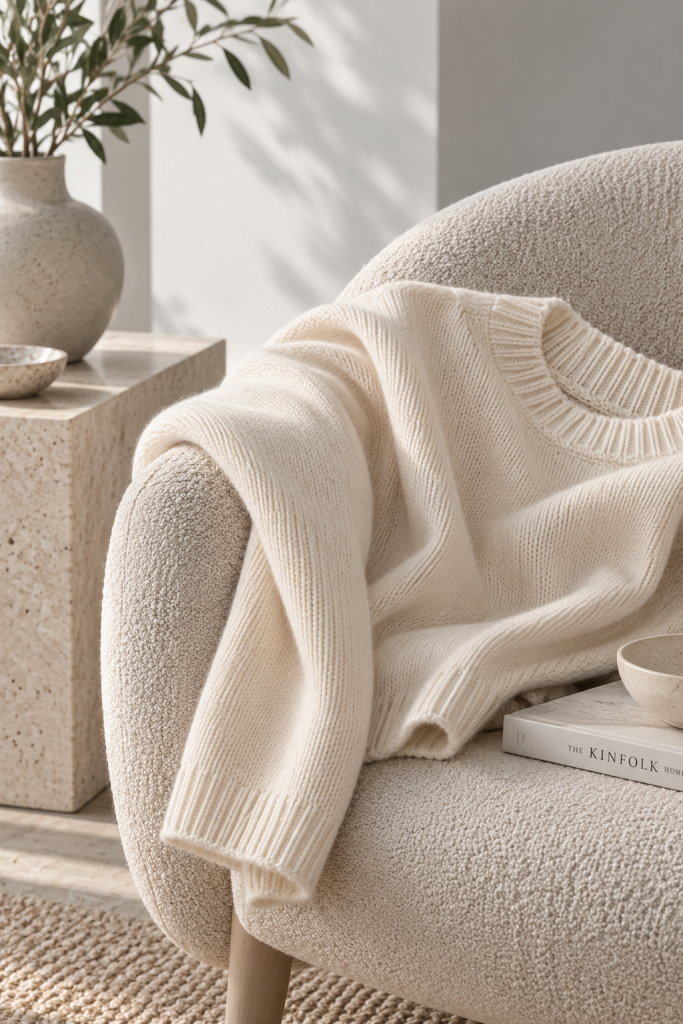 Cremefarbener Strickpullover mit sichtbarer Maschenstruktur, locker drapiert auf einem hellen Bouclé-Loungesessel in minimalistischer Umgebung.