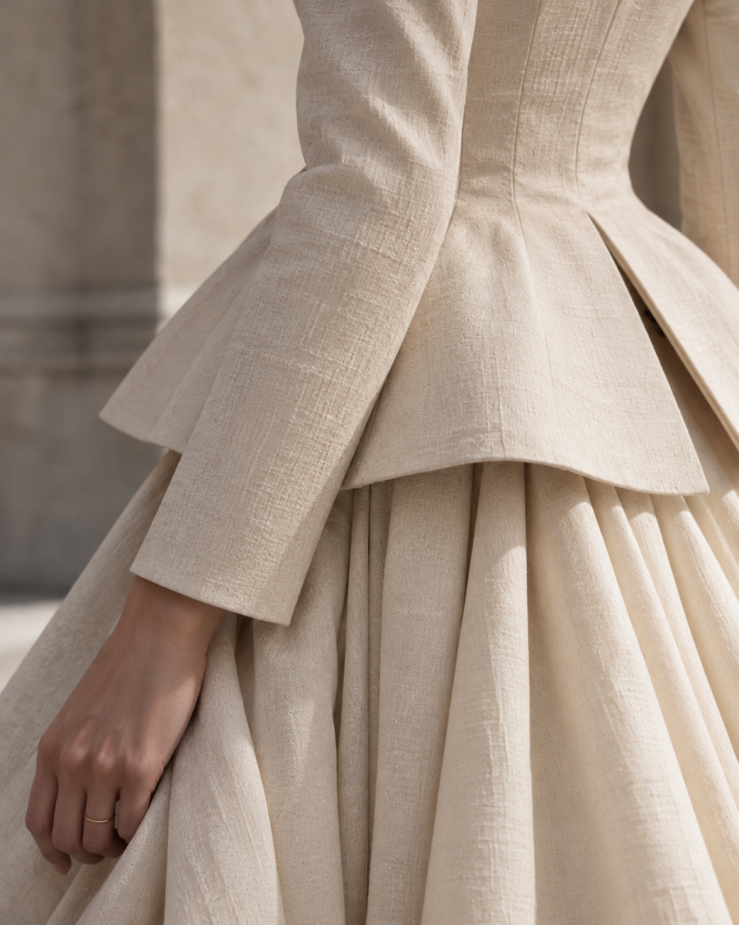 Detailaufnahme einer cremefarbenen Couture-Jacke mit ausgestelltem Schößchen und voluminösem Rock, die das Zusammenspiel von Taille und Volumen zeigt.