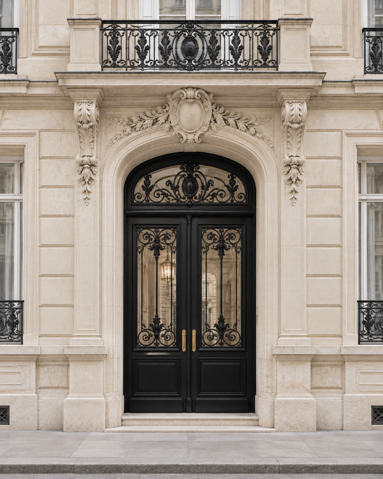 Historisches Pariser Eingangsportal mit heller Natursteinfassade, dekorativen Steinornamenten und schmiedeeisernem Balkon im Stil der Haussmann-Architektur.
