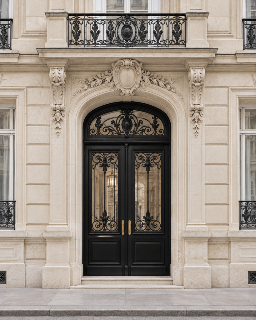 Historisches Pariser Eingangsportal mit heller Natursteinfassade, dekorativen Steinornamenten und schmiedeeisernem Balkon im Stil der Haussmann-Architektur.
