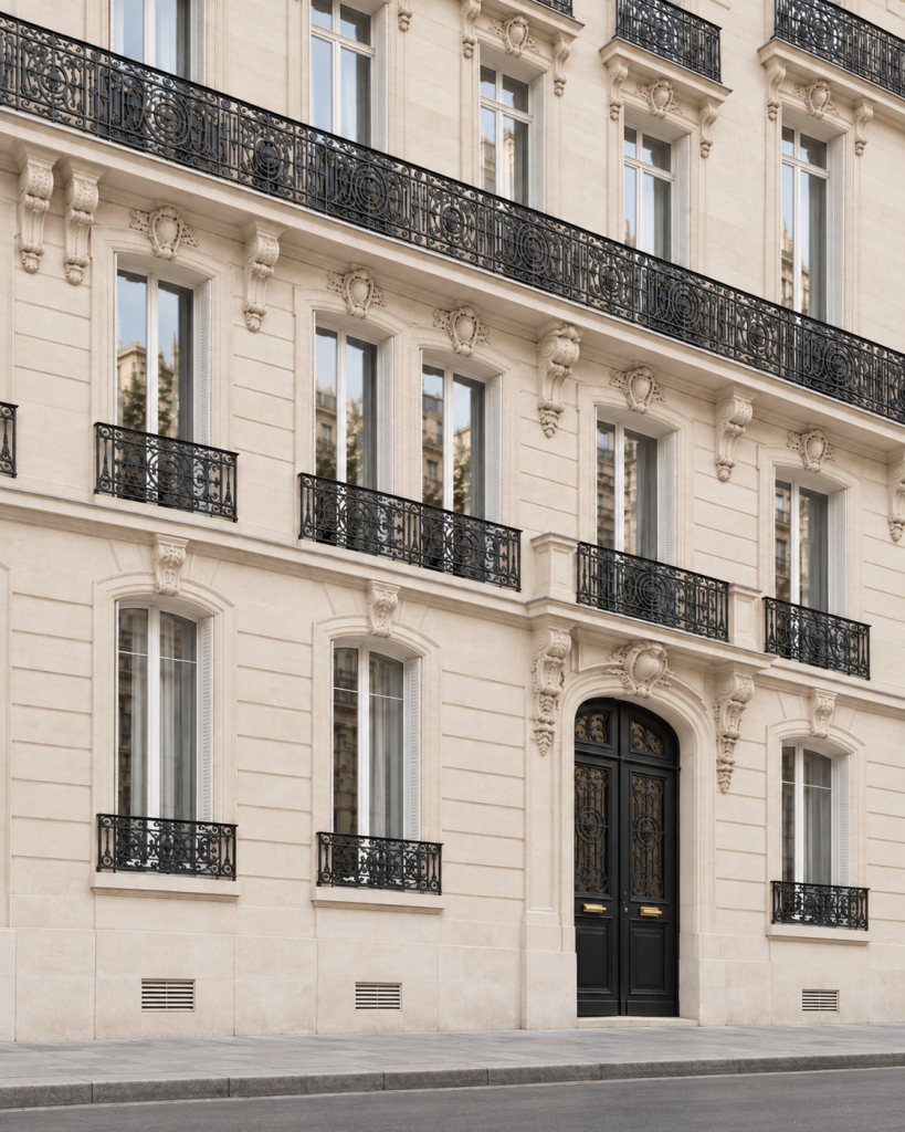 Haussmann-Architektur in Paris mit heller Natursteinfassade, regelmäßig angeordneten Fenstern, schmiedeeisernen Balkonen und schwarzem Eingangsportal.