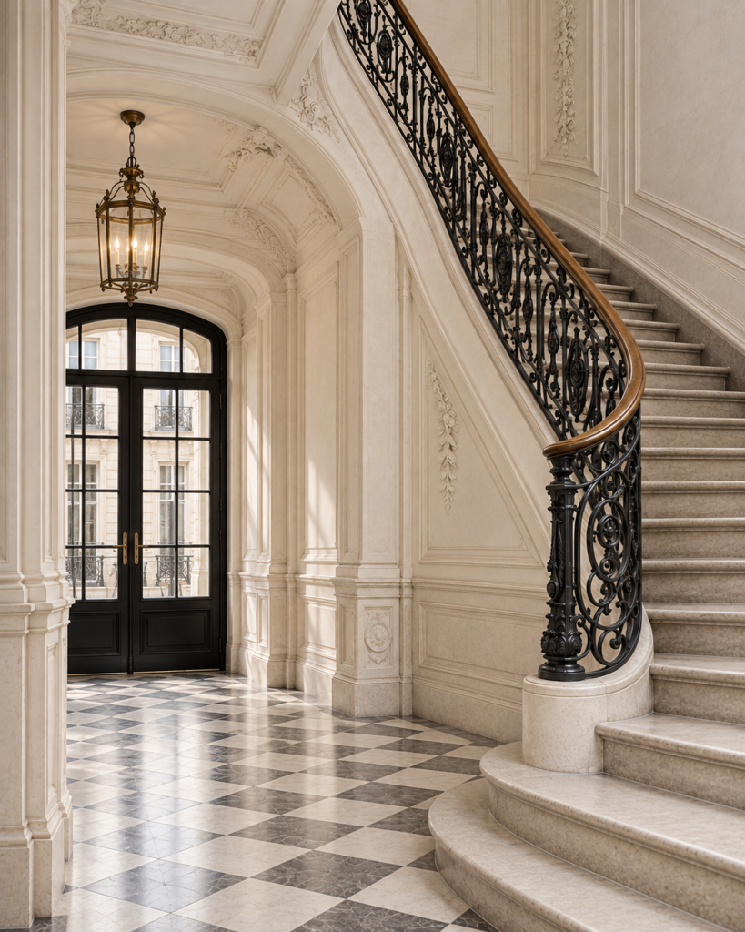 Haussmann-Architektur in Paris mit geschwungener Marmortreppe, schmiedeeisernem Geländer und schwarz-weißem Steinboden.