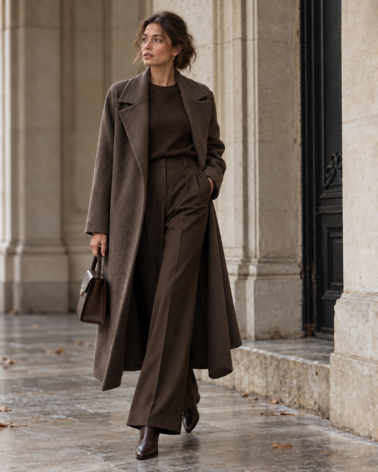 Monochromer Herbstlook mit dunkelbraunem Strickpullover, weiter Stoffhose und langem Wollmantel in gedeckten Brauntönen.