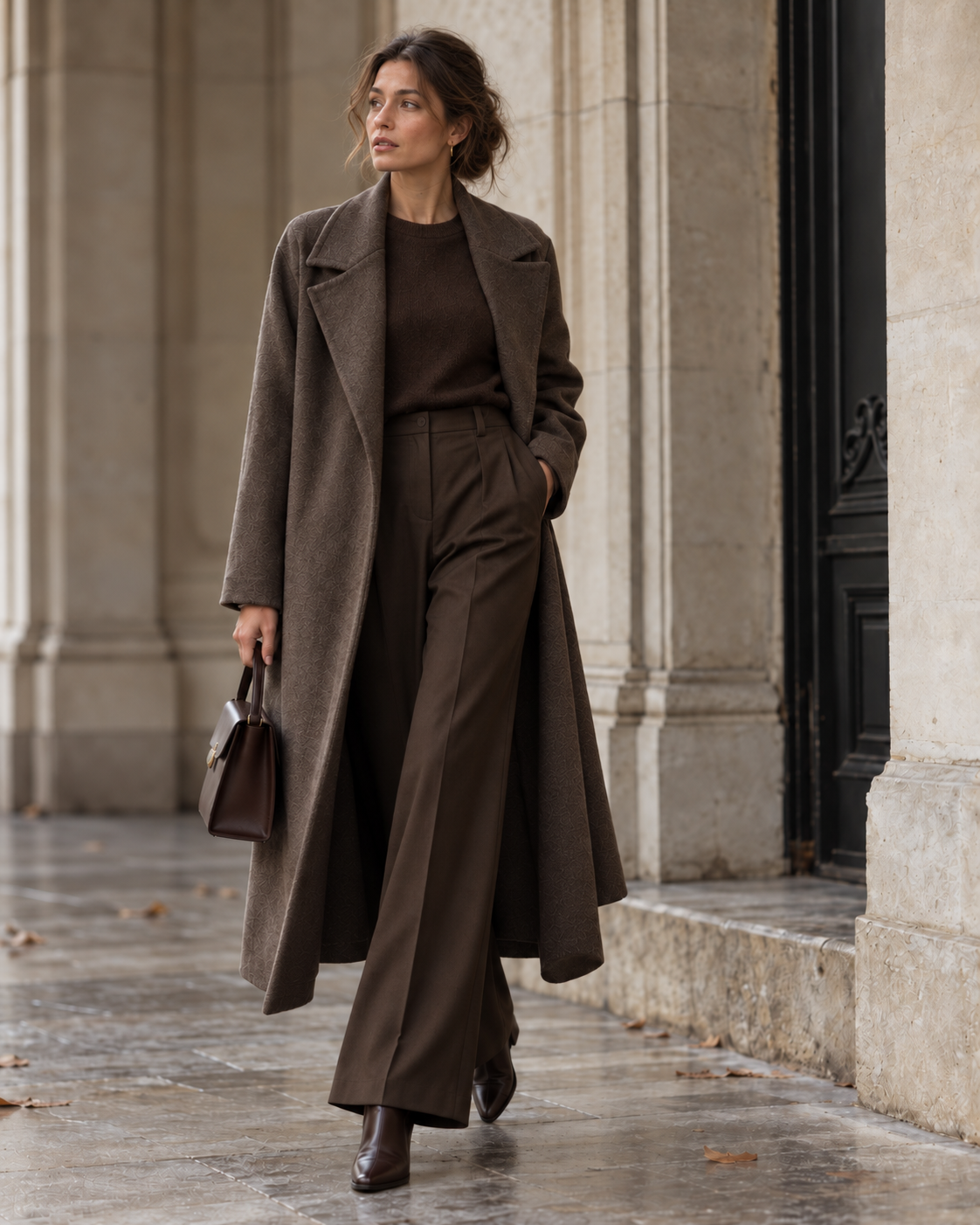 Monochromer Herbstlook mit dunkelbraunem Strickpullover, weiter Stoffhose und langem Wollmantel in gedeckten Brauntönen.