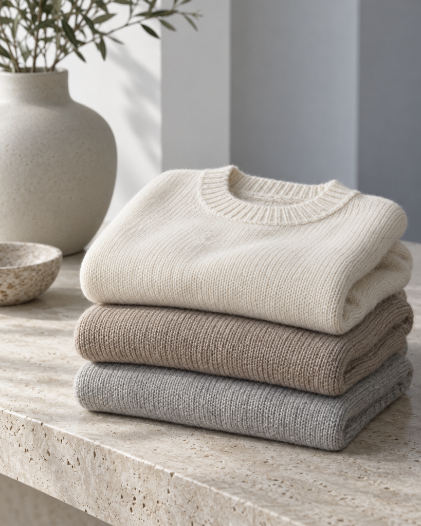 Hochwertige Strickmode erkennen: Drei gefaltete Strickpullover in Creme, Taupe und Grau auf einer hellen Steinoberfläche.