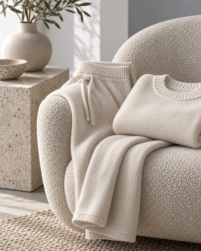 Hochwertige Strickmode erkennen: Cremefarbene Strickhose und gefalteter Pullover auf einem minimalistischen Bouclé-Loungesessel.