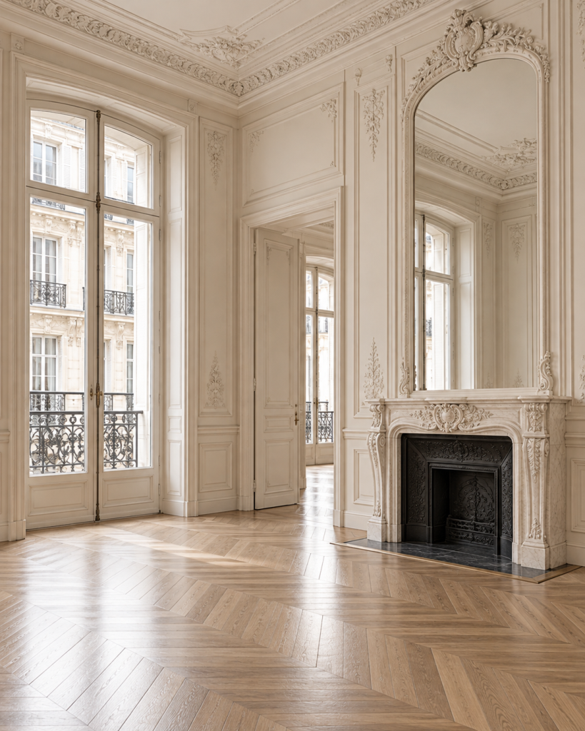 Klassisches Pariser Apartment mit hohen Fenstern, verzierten Stuckdecken, historischem Kamin und hellem Fischgrätparkett.