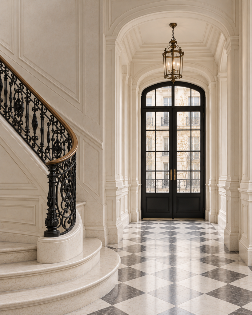 Elegantes Foyer eines Pariser Altbaus mit schwarz-weißem Marmorboden, geschwungener Treppe und hohen verglasten Eingangstüren.