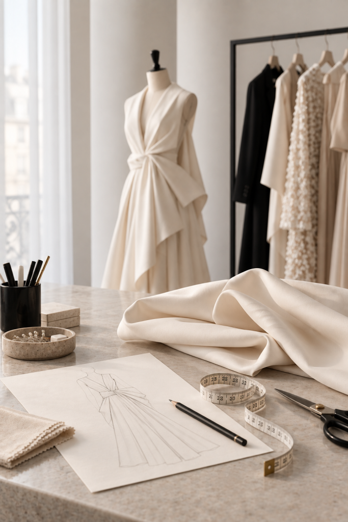 Modezeichnung, Maßband und heller Stoff auf einem Arbeitstisch in einem Atelier für Pariser Haute Couture