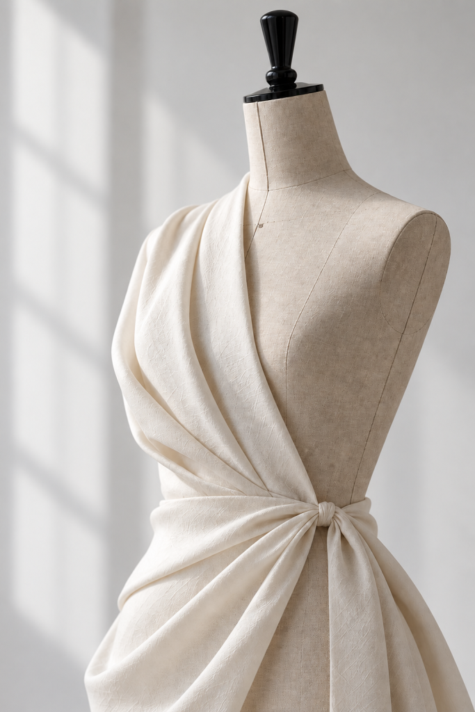 Heller Stoff wird für Pariser Haute Couture minimalistisch an einer Schneiderpuppe drapiert