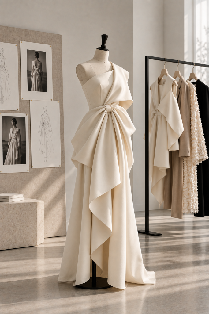 Modern drapiertes Couture-Kleid in Creme auf einer Schneiderpuppe in einem minimalistischen Pariser Atelier