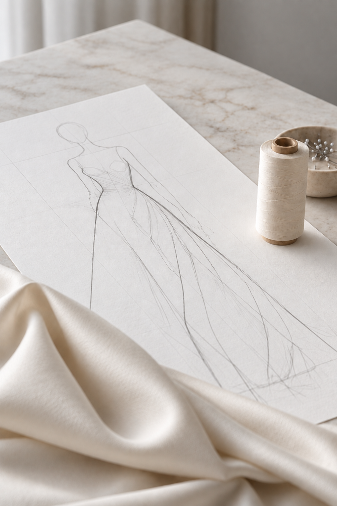 Modeskizze eines Couture-Kleides mit Garnrolle und hellem Stoff für Pariser Haute Couture