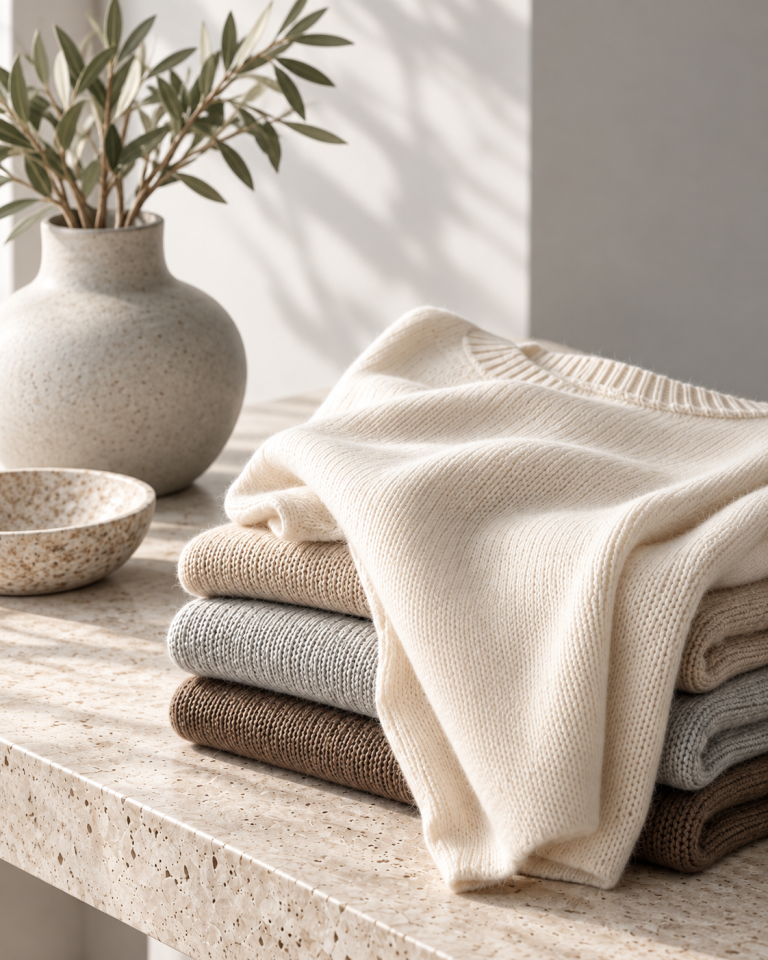 Detailaufnahme eines cremefarbenen Strickpullovers, der locker über mehreren gefalteten Pullovern in neutralen Farbtönen liegt.
