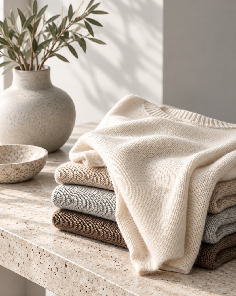 Detailaufnahme eines cremefarbenen Strickpullovers, der locker über mehreren gefalteten Pullovern in neutralen Farbtönen liegt.