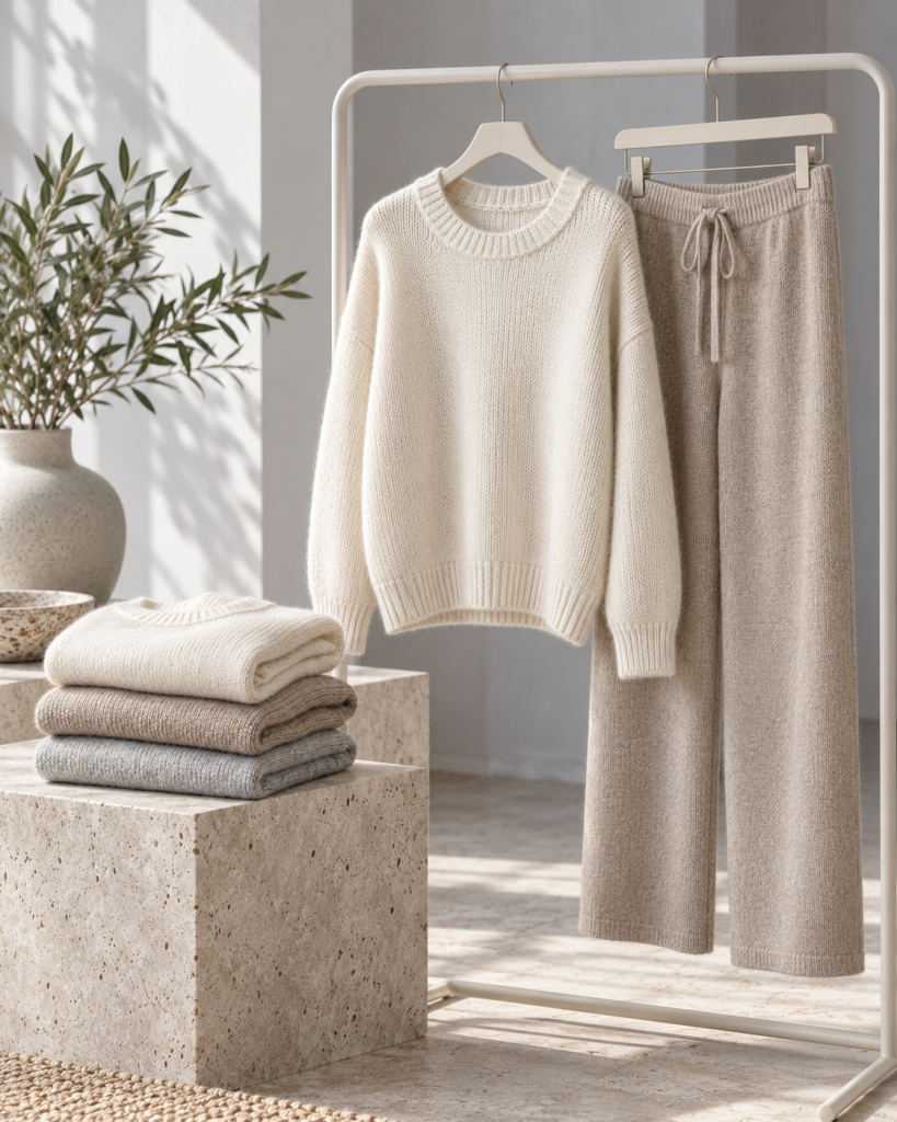 Heller Strickpullover und beigefarbene Strickhose an einer weißen Kleiderstange neben gefalteter Strickmode.