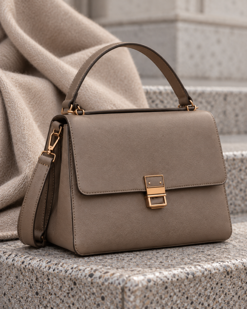 Taupefarbene Handtasche auf Steinboden als Accessoire für französischen Stil im Herbst & Winter