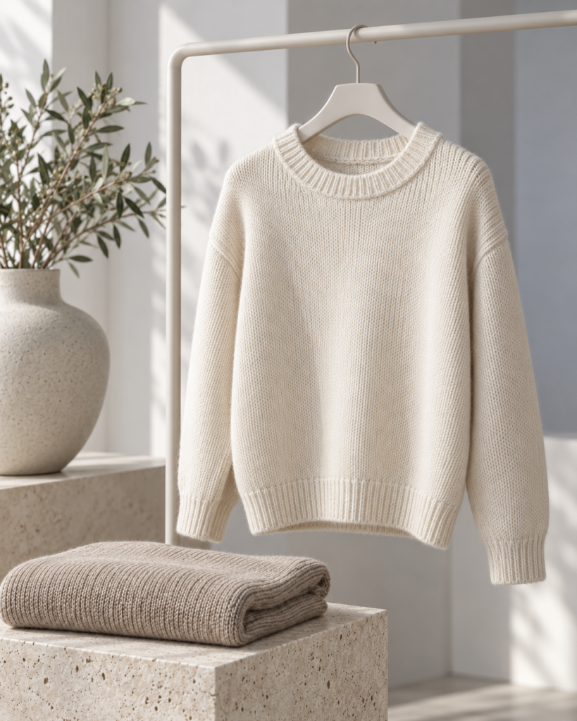 Cremeweißer Strickpullover auf einem hellen Kleiderbügel neben einem gefalteten beigen Pullover.