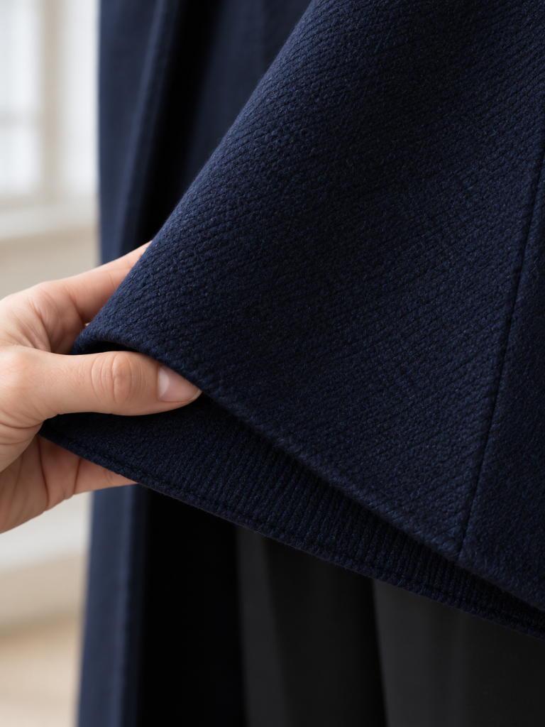 Nahaufnahme einer Hand, die den Saum eines marineblauen Wollmantels leicht anhebt. Die sichtbare Wollstruktur und die sorgfältig verarbeitete Stoffkante zeigen Details, die helfen, einen hochwertigen Wollmantel erkennen zu können.